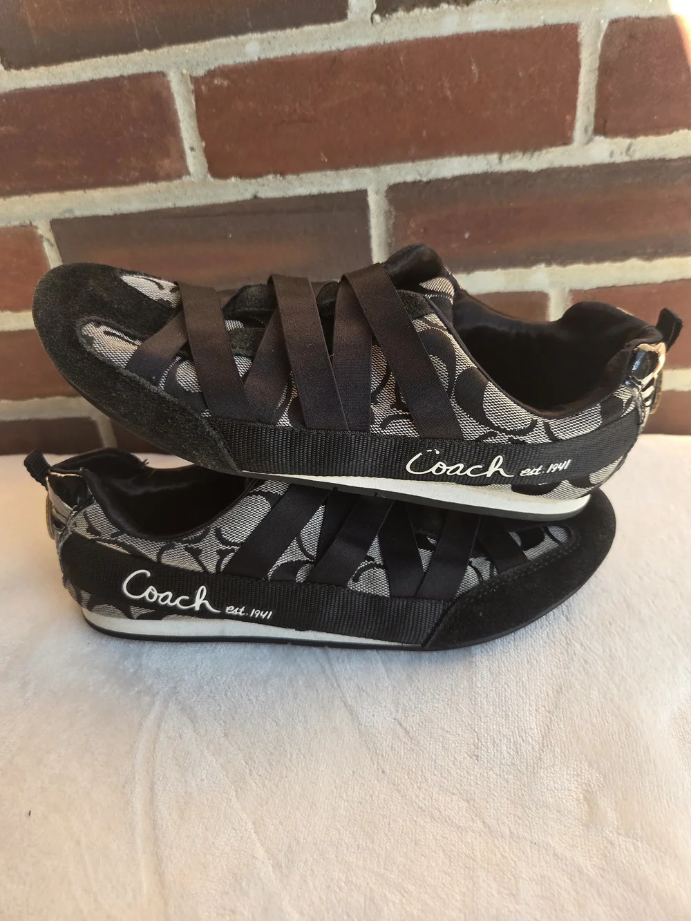 Coach Mabel Signature Ballet Flats Black‎ Cream Slip On Shoes Women's 7.5M